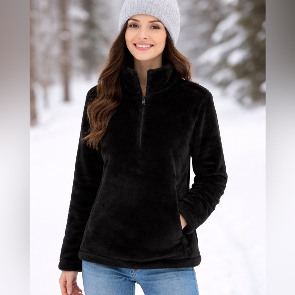 A New Day Black Faux Fur Quarter Zip Pullover Jacket Size M NWT